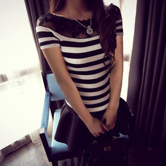 Women Lace Patchwork Stripe Casual Stretch Slim T-Shirts