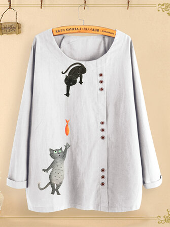 Botón Cartoon Gato Imprimir O-cuello Casual Blusa Camisas