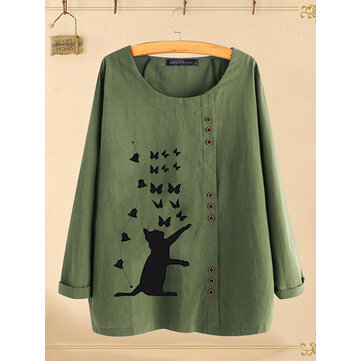 Mulheres dos desenhos animados gato impressão tripulação pescoço manga comprida camisetas