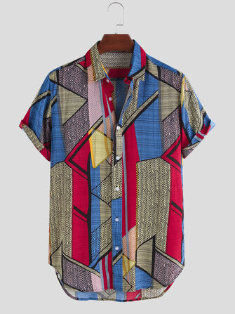 Mens Summer Color Block Printed Turn Down Collar Shirts