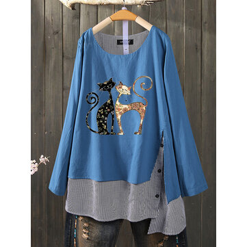 Katzen-Karikatur-Druck-Oansatz lose karierte Flecken-Bluse