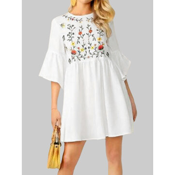 Flower Embroidery Flounce Sleeves Bohemian Mini Shirt