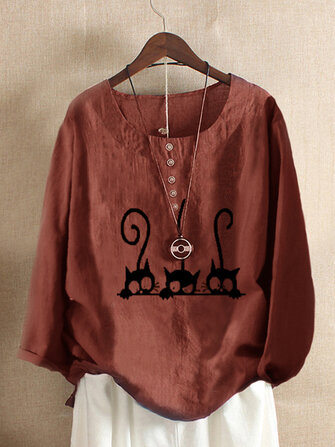 プラスサイズの漫画猫プリントクルーネック長袖ブラウス