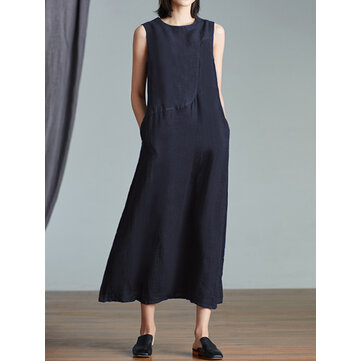 Women Cotton Patchwork Sleeveless Casual Dress with Pockets