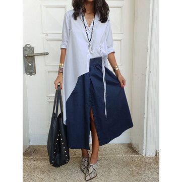 Women Long Sleeve High Low Casual Lapel Buttons Down Shirt Blouse 