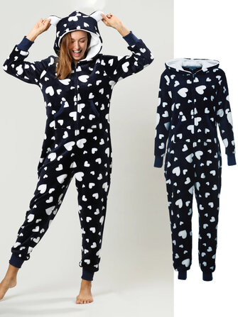 Flanella Cuore Felpa con cappuccio con zip frontale stampata Onsie con tasca