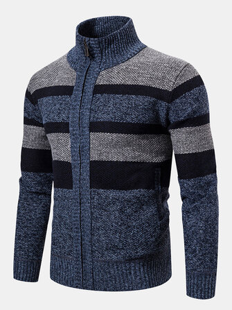 Mens Woolen Knitting Stand Collar Patchwork Thick Jacket