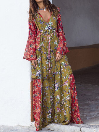 Ethnic Women Floral Print V-neck Long Maxi Dress