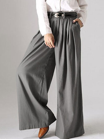 Women Solid Button Wide Leg Causal Pants