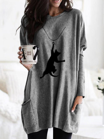 Kadın Karikatür Kedi Uzun Kollu Gevşek Bluz Yazdır