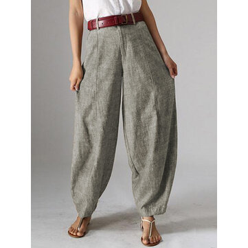 Women High Waist Button Solid Color Harem Pants