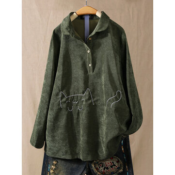 Sevimli Karikatür Kedi Baskı Düğmesi Çevirmeli Yaka Bluz