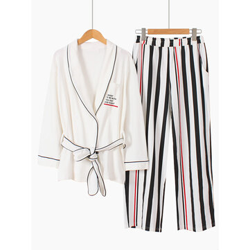 Algodão Kimono Stripe Impresso manga comprida Casual Pijama Set