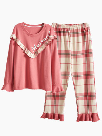 Conjunto de pijama de algodão e manga comprida de 2 peças