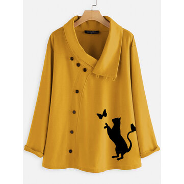 Frauen-Kausalknopf-Karikatur Katze drucken Bluse