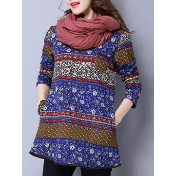 Folk Style Mulheres manga comprida Floral Printed Pullover T-shirt com bolsos