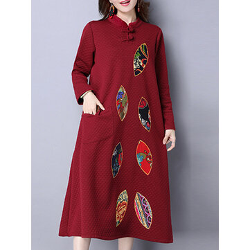 Mulheres &eacute;tnicas de manga comprida de impress&atilde;o vestido de patchwork pocket