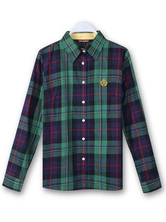 Vrouwen Katoenen Knoop Blouse Plaid Omlaag Lang Mouwen Shirt